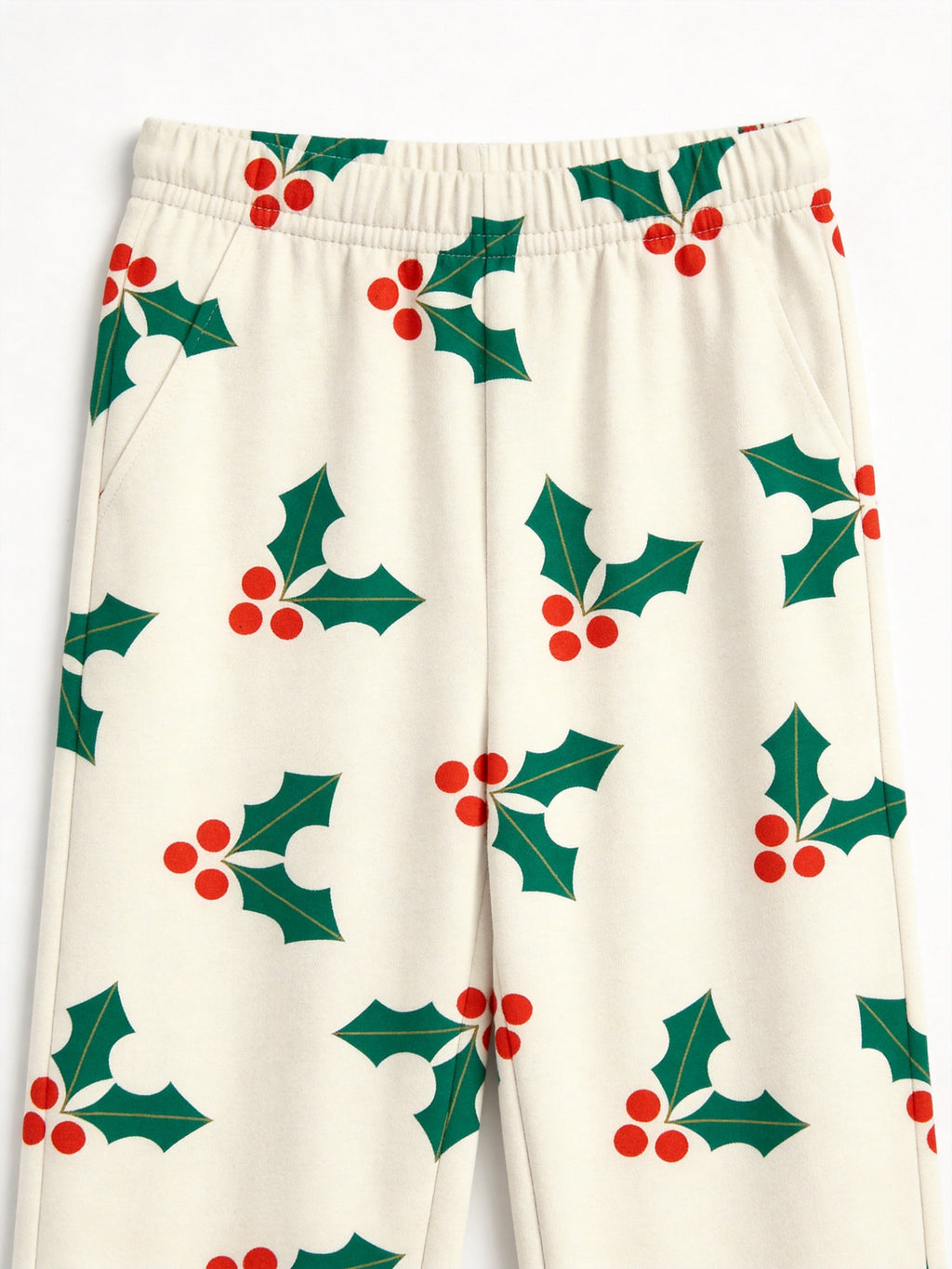 Traditional Green Holly Leaves and Red Berries Print 3-Button Henley Matching Couple Holiday Sleepwear