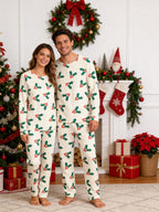 Traditional Green Holly Leaves and Red Berries Print 3-Button Henley Matching Couple Holiday Sleepwear