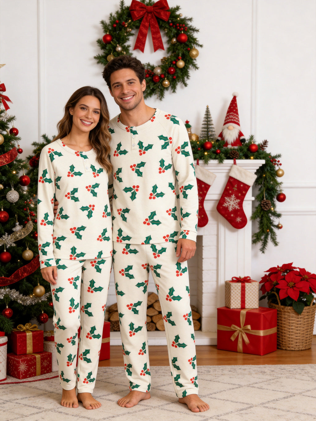 Traditional Green Holly Leaves and Red Berries Print 3-Button Henley Matching Family Holiday Sleepwear