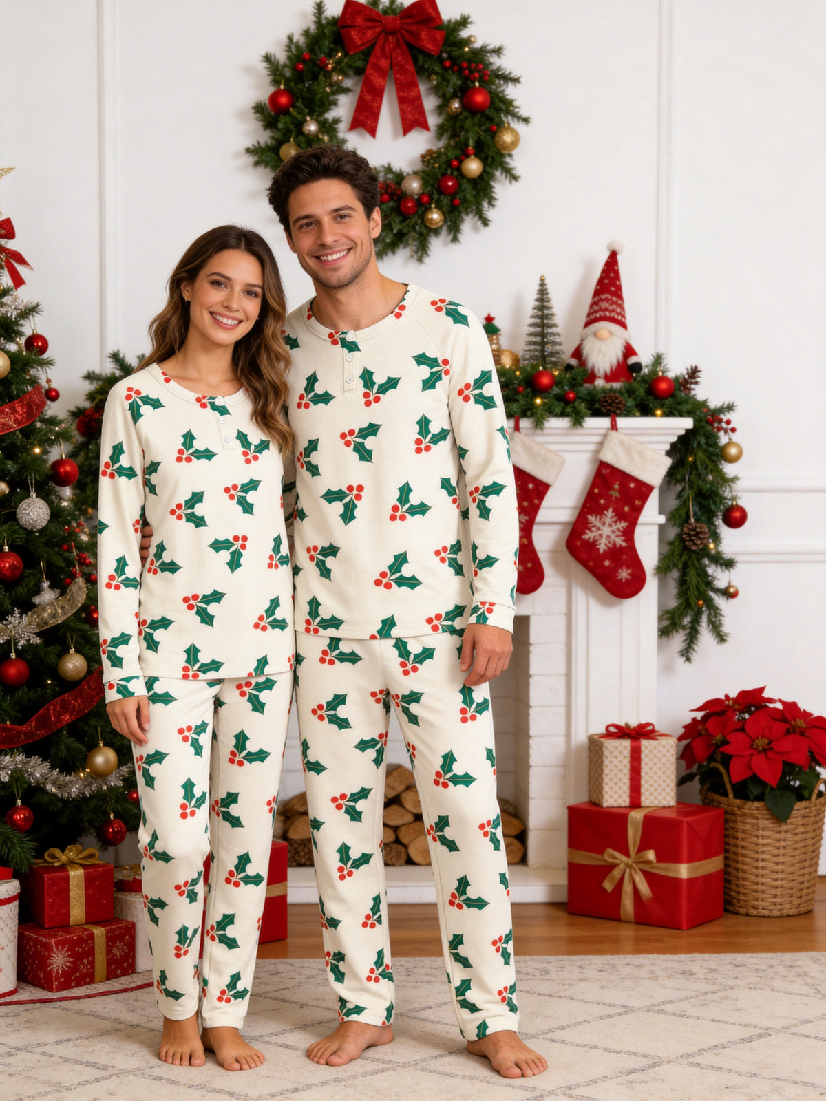 Traditional Green Holly Leaves and Red Berries Print 3-Button Henley Matching Family Holiday Sleepwear