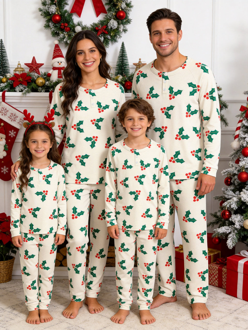 Traditional Green Holly Leaves and Red Berries Print 3-Button Henley Matching Family Holiday Sleepwear