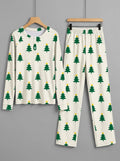 Classic Green and Yellow Star Christmas Tree Print 3-Button Henley Matching Couple Christmas Pajamas