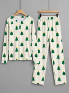 Classic Green and Yellow Star Christmas Tree Print 3-Button Henley Matching Couple Christmas Pajamas