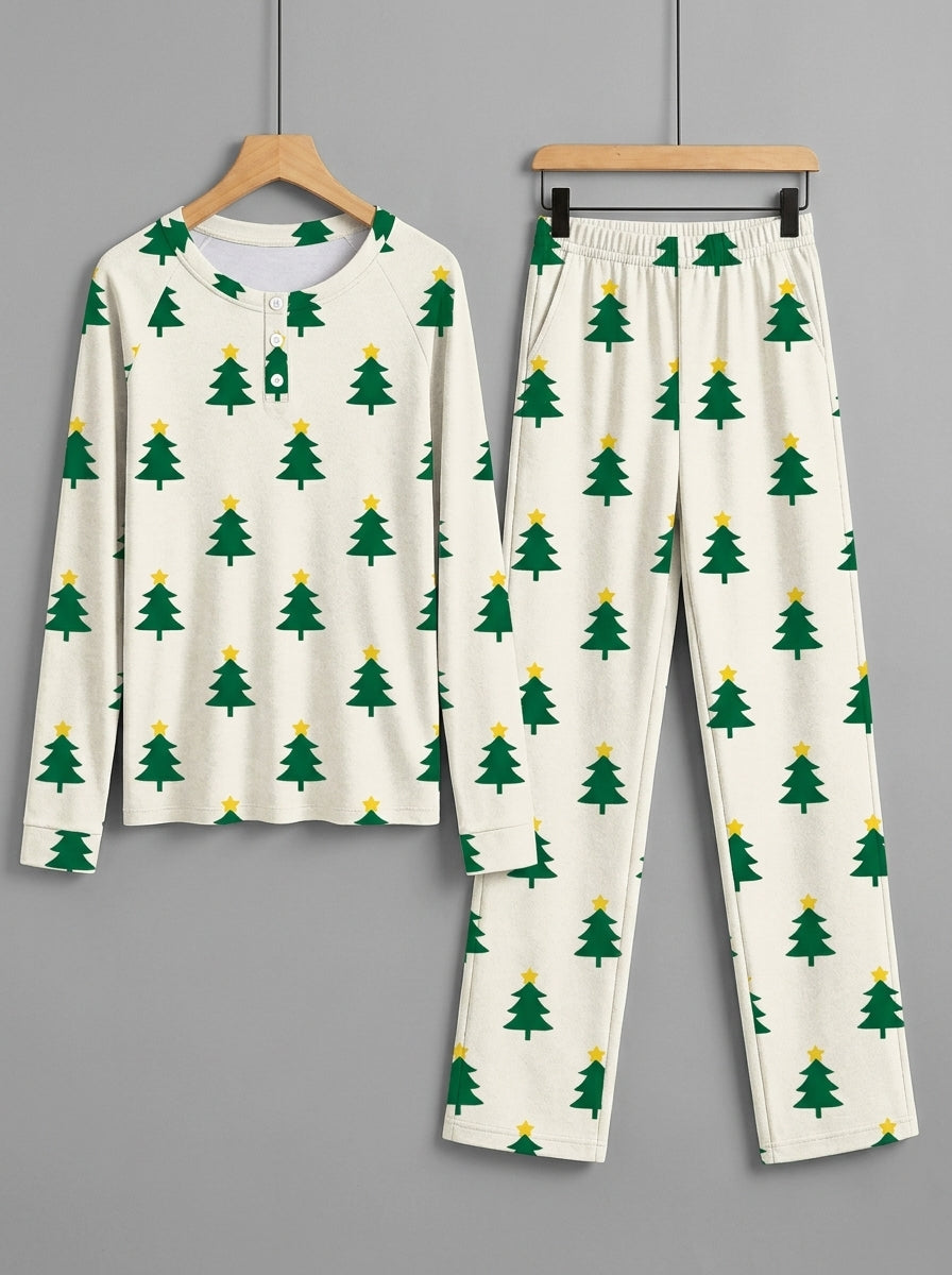 Classic Green and Yellow Star Christmas Tree Print 3-Button Henley Matching Couple Christmas Pajamas