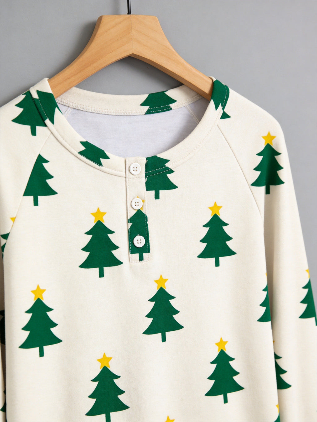 Classic Green and Yellow Star Christmas Tree Print 3-Button Henley Matching Family Christmas Pajamas