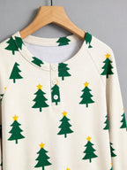 Classic Green and Yellow Star Christmas Tree Print 3-Button Henley Matching Family Christmas Pajamas
