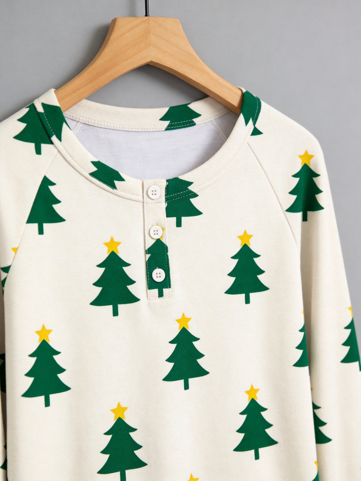 Classic Green and Yellow Star Christmas Tree Print 3-Button Henley Matching Family Christmas Pajamas