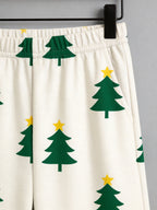 Classic Green and Yellow Star Christmas Tree Print 3-Button Henley Matching Couple Christmas Pajamas