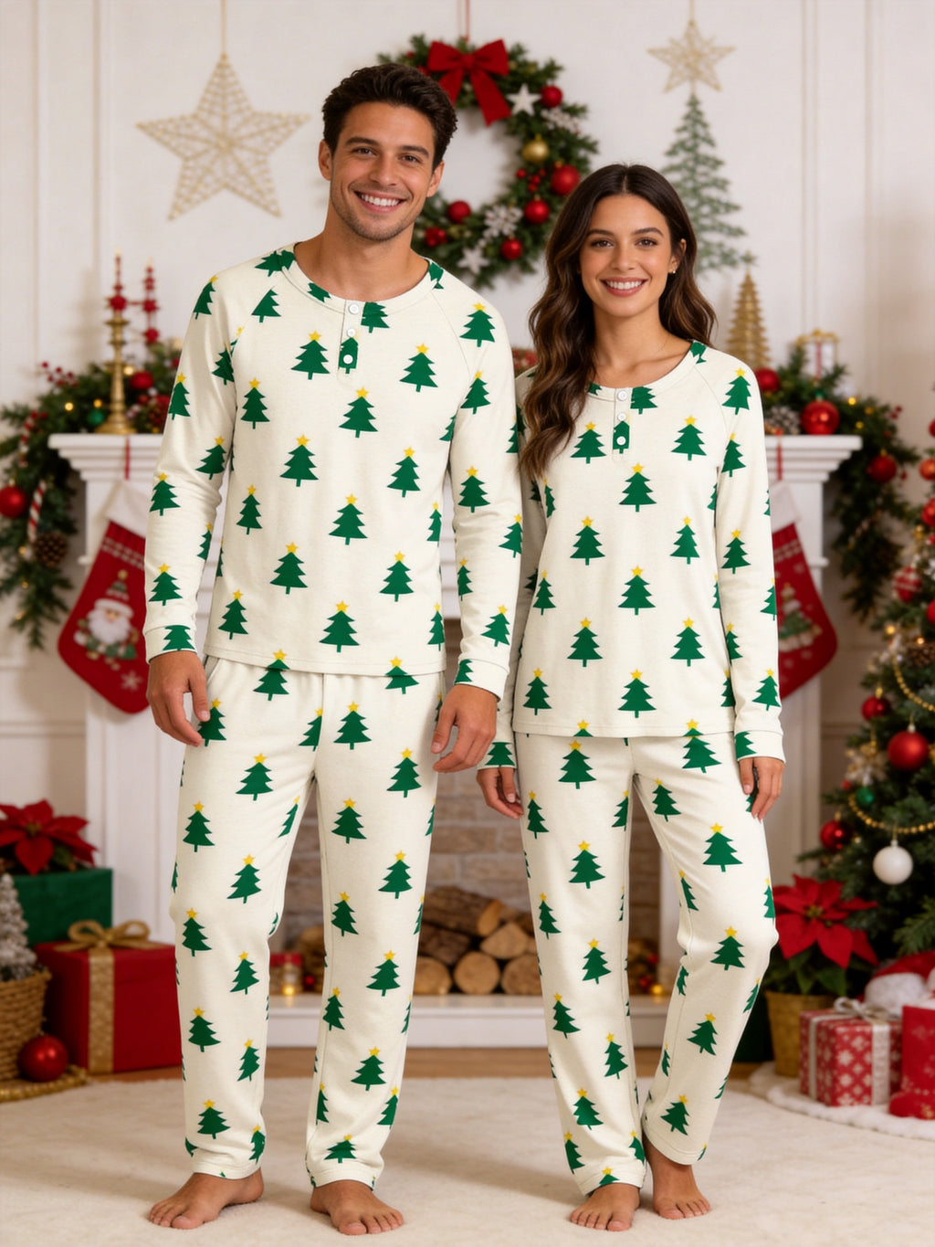 Classic Green and Yellow Star Christmas Tree Print 3-Button Henley Matching Couple Christmas Pajamas