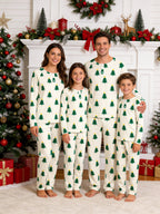 Classic Green and Yellow Star Christmas Tree Print 3-Button Henley Matching Couple Christmas Pajamas