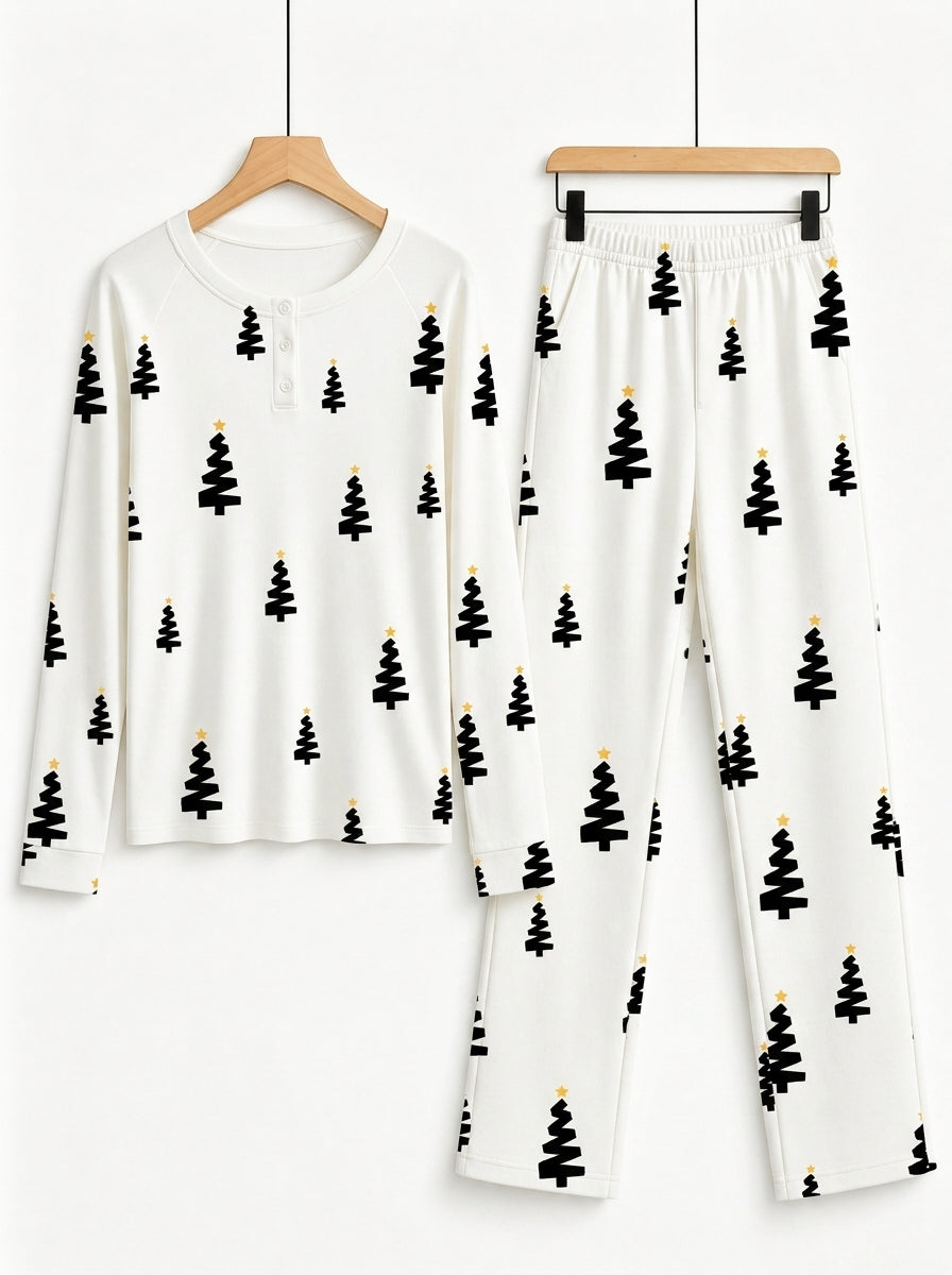 Minimalist Black and Gold Christmas Tree Print 3-Button Henley Matching Family Sleepwear Set