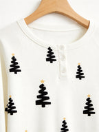 Minimalist Black and Gold Christmas Tree Print 3-Button Henley Matching Couple Sleepwear Set