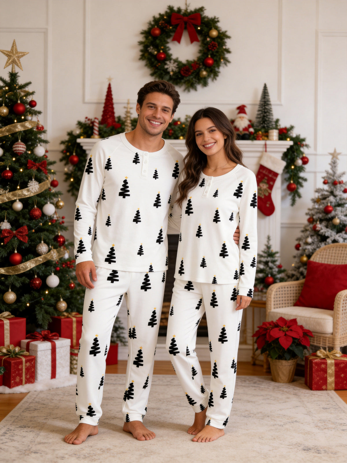 Minimalist Black and Gold Christmas Tree Print 3-Button Henley Matching Family Sleepwear Set