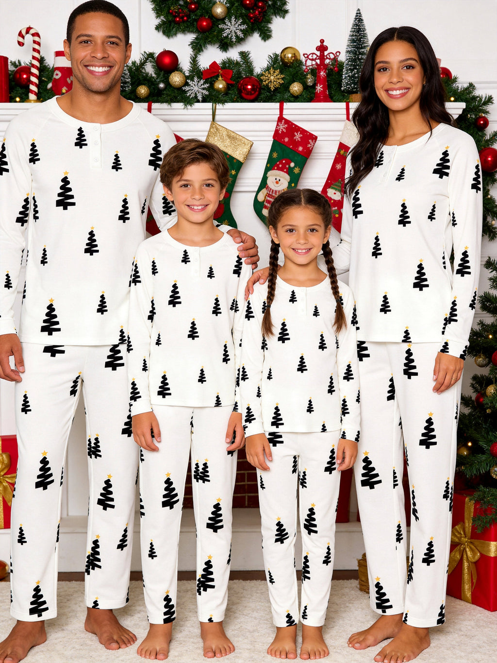 Minimalist Black and Gold Christmas Tree Print 3-Button Henley Matching Family Sleepwear Set