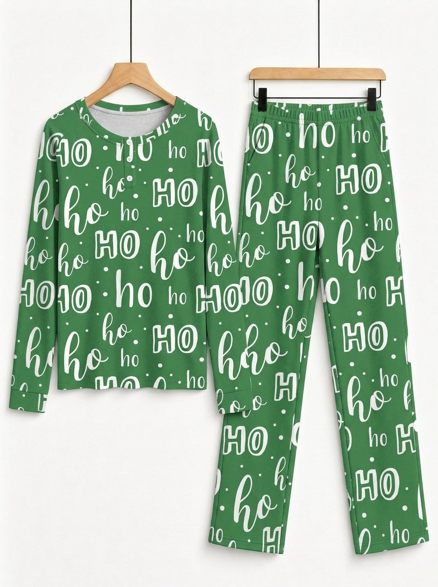 Vibrant Green Handwritten Ho Ho Ho Lettering Print 3-Button Henley Couple Holiday Sleepwear Set