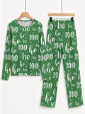 Vibrant Green Handwritten Ho Ho Ho Lettering Print 3-Button Henley Couple Holiday Sleepwear Set