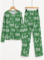 Vibrant Green Handwritten Ho Ho Ho Lettering Print 3-Button Henley Holiday Sleepwear Set