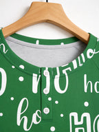 Vibrant Green Handwritten Ho Ho Ho Lettering Print 3-Button Henley Couple Holiday Sleepwear Set