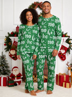 Vibrant Green Handwritten Ho Ho Ho Lettering Print 3-Button Henley Couple Holiday Sleepwear Set