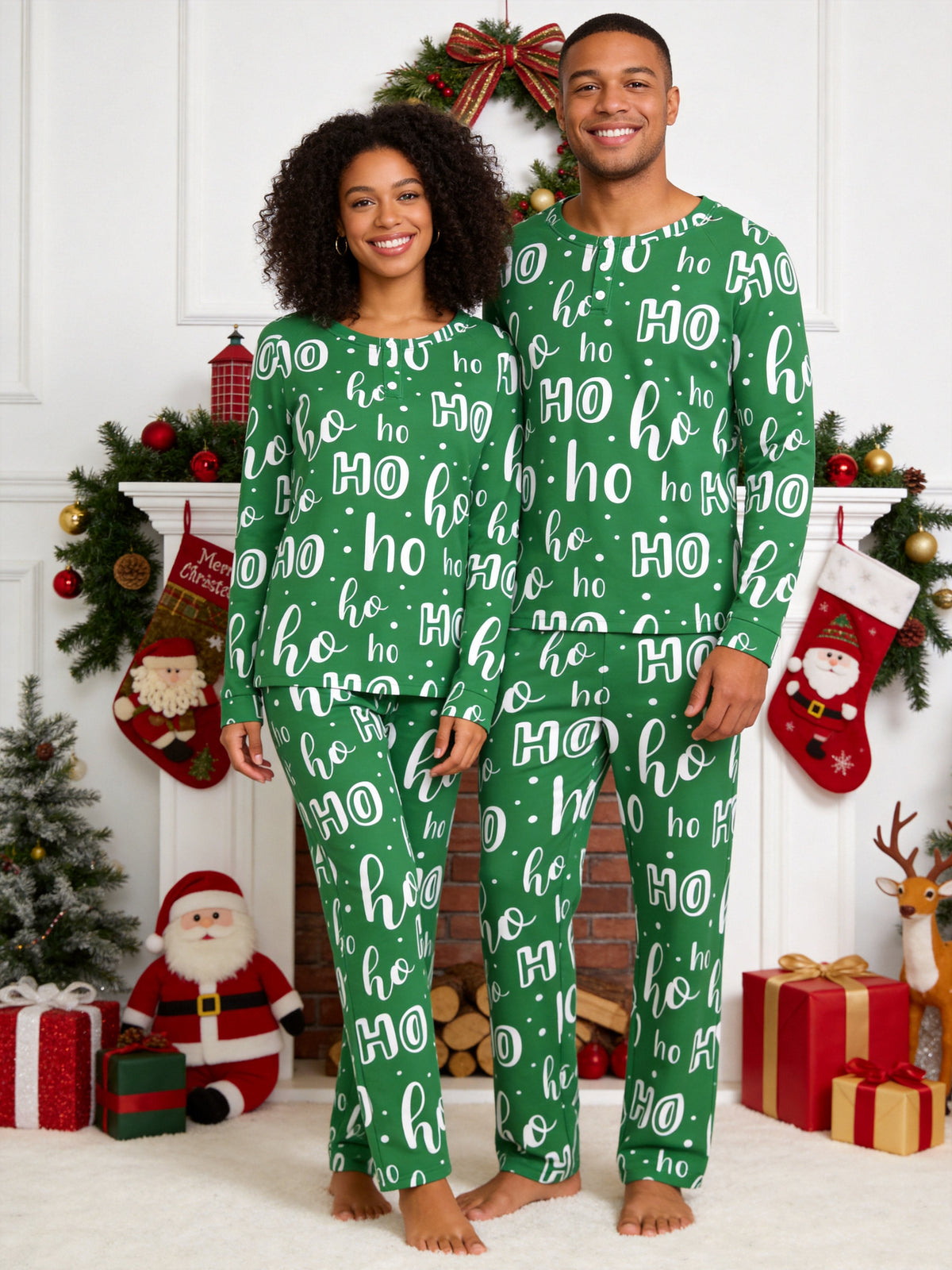 Vibrant Green Handwritten Ho Ho Ho Lettering Print 3-Button Henley Couple Holiday Sleepwear Set