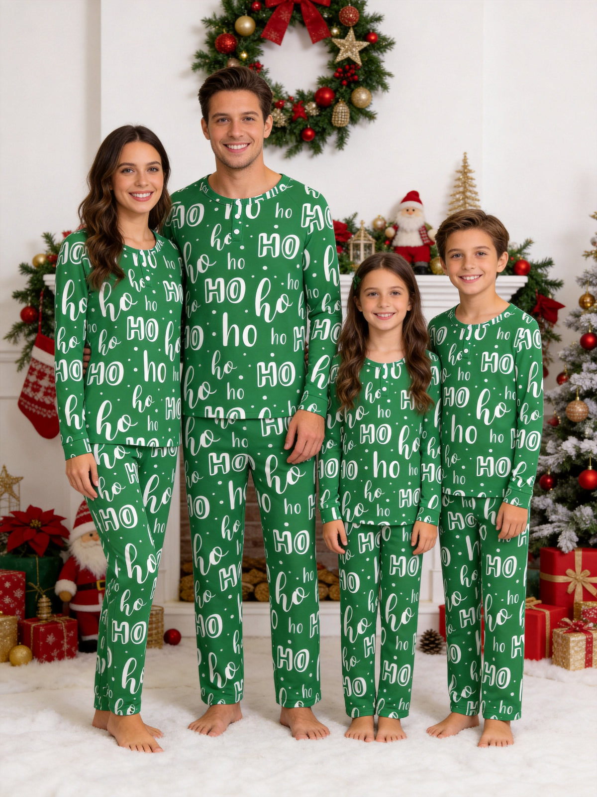 Vibrant Green Handwritten Ho Ho Ho Lettering Print 3-Button Henley Couple Holiday Sleepwear Set