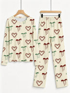 Warm Beige Candy Cane Hearts and Ribbon Bows Print 3-Button Henley Couple Christmas Pajamas