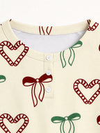 Warm Beige Candy Cane Hearts and Ribbon Bows Print 3-Button Henley Couple Christmas Pajamas