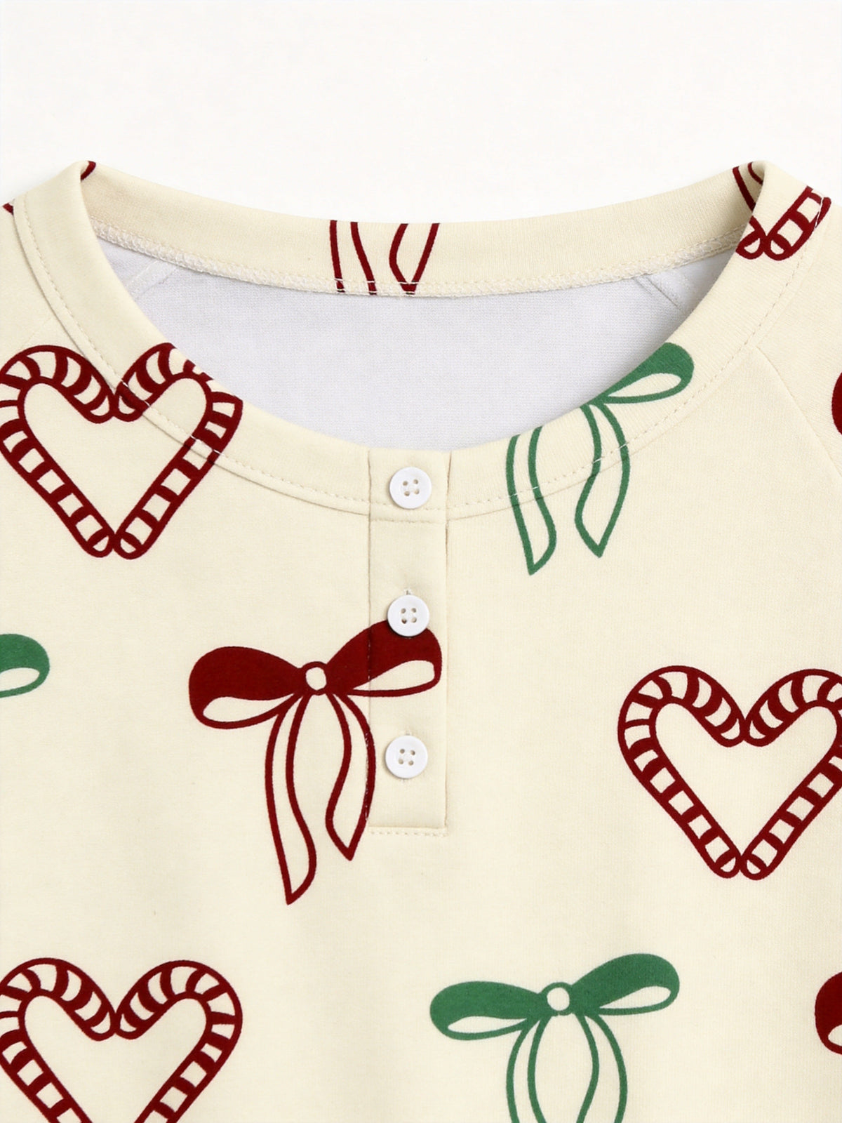 Warm Beige Candy Cane Hearts and Ribbon Bows Print 3-Button Henley Family Christmas Pajamas