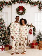 Warm Beige Candy Cane Hearts and Ribbon Bows Print 3-Button Henley Couple Christmas Pajamas