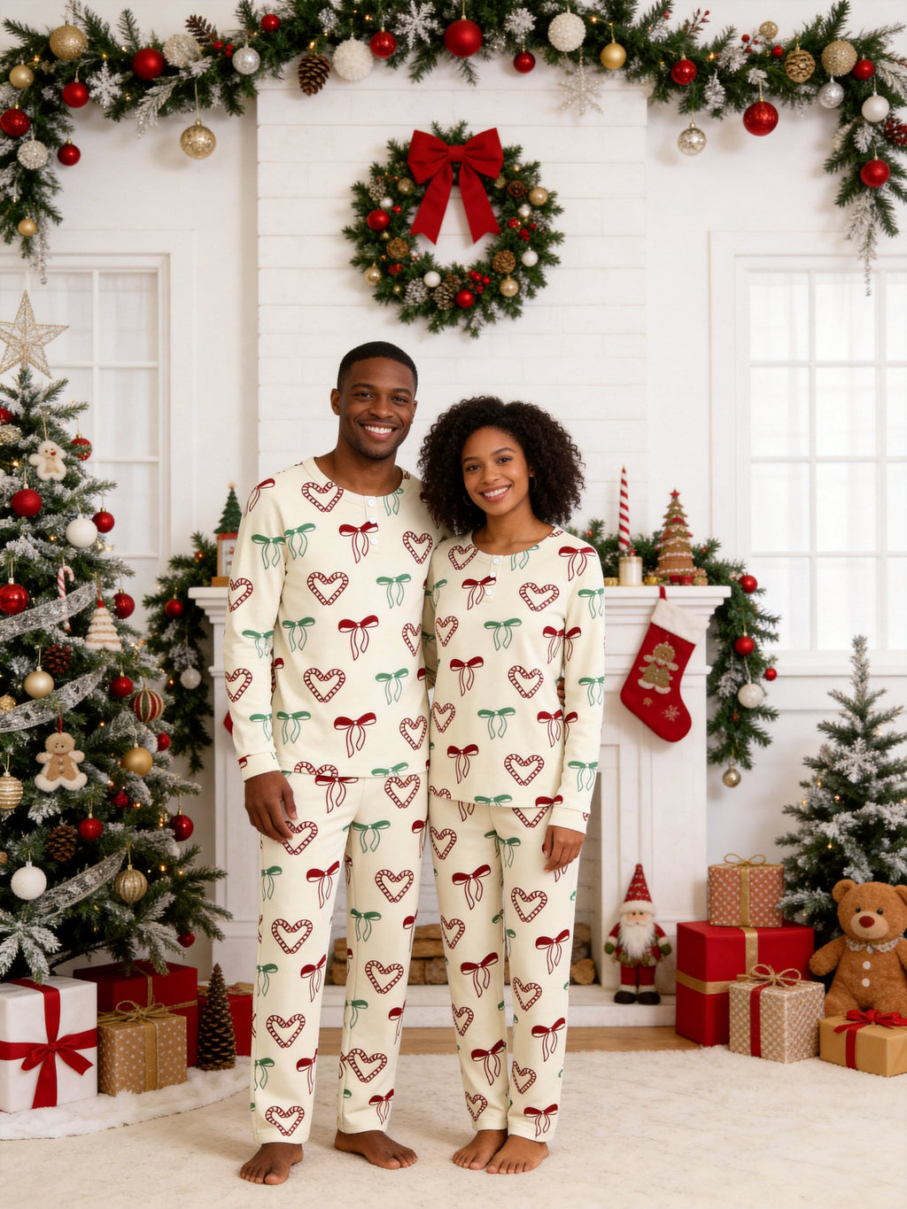 Warm Beige Candy Cane Hearts and Ribbon Bows Print 3-Button Henley Family Christmas Pajamas