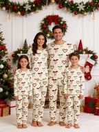 Warm Beige Candy Cane Hearts and Ribbon Bows Print 3-Button Henley Couple Christmas Pajamas