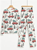 Vintage Red Christmas Cars Carrying Pines Print 3-Button Henley Couple Matching Holiday PJs