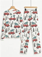 Vintage Red Christmas Cars Carrying Pines Print 3-Button Henley Couple Matching Holiday PJs