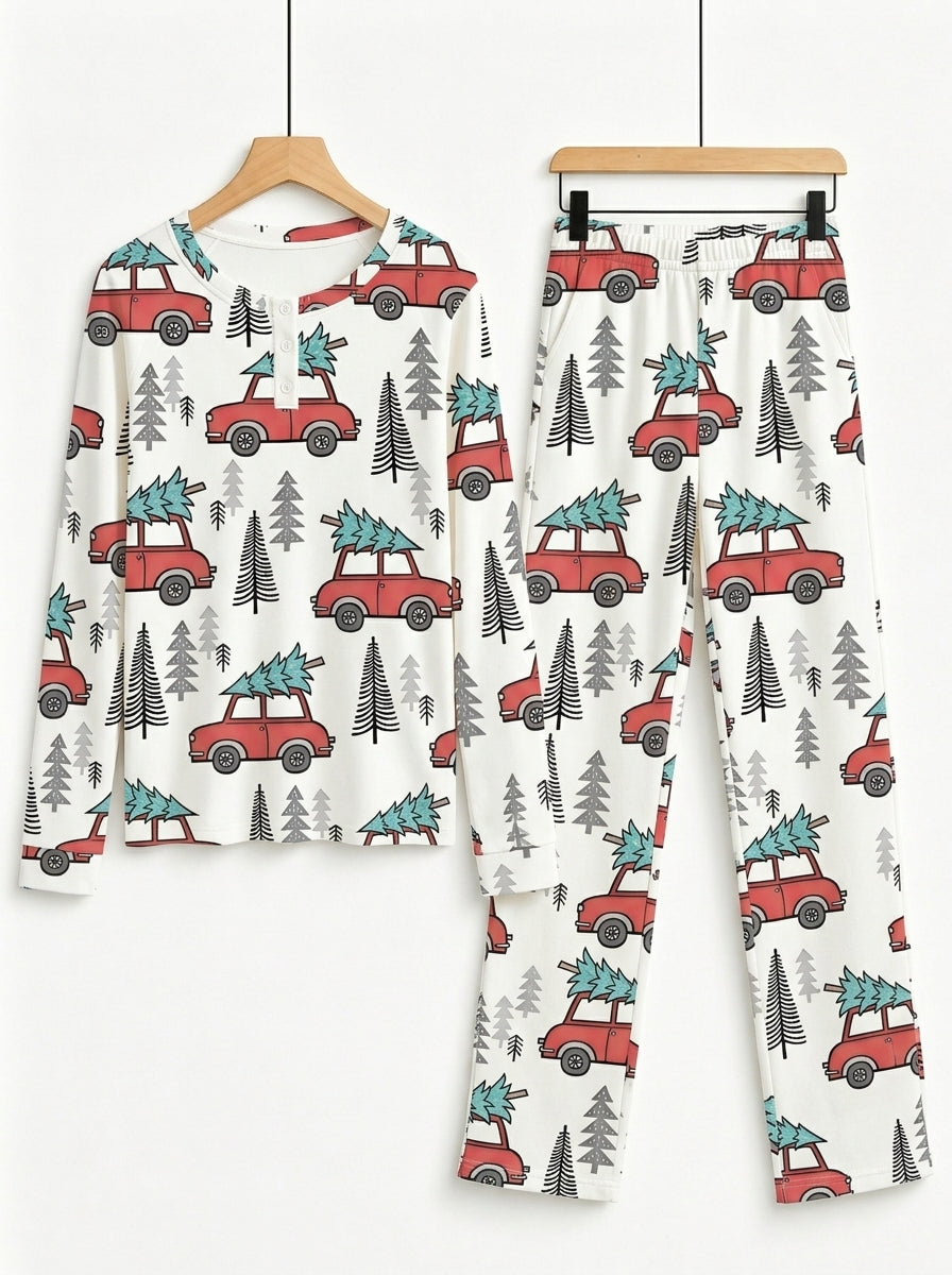 Vintage Red Christmas Cars Carrying Pines Print 3-Button Henley Family Matching Holiday PJs