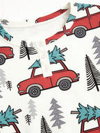 Vintage Red Christmas Cars Carrying Pines Print 3-Button Henley Couple Matching Holiday PJs