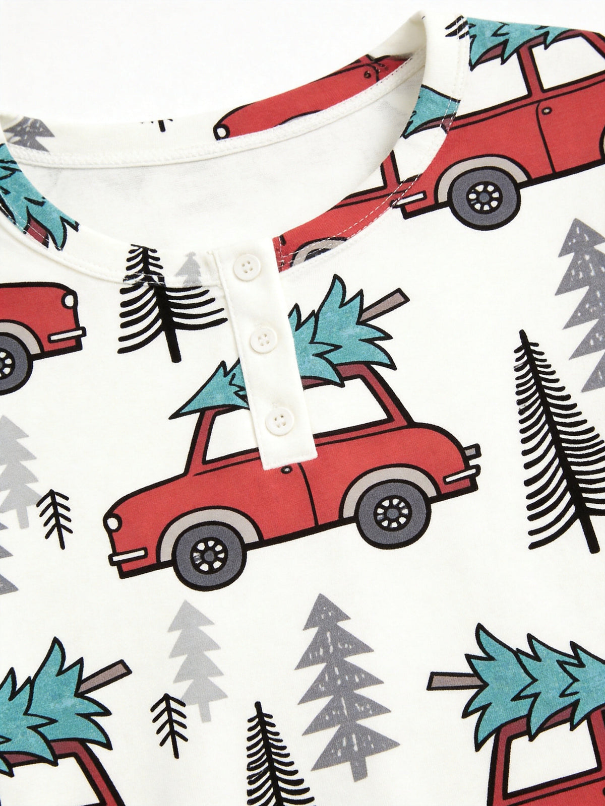 Vintage Red Christmas Cars Carrying Pines Print 3-Button Henley Family Matching Holiday PJs