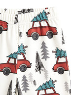 Vintage Red Christmas Cars Carrying Pines Print 3-Button Henley Couple Matching Holiday PJs