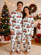 Vintage Red Christmas Cars Carrying Pines Print 3-Button Henley Family Matching Holiday PJs