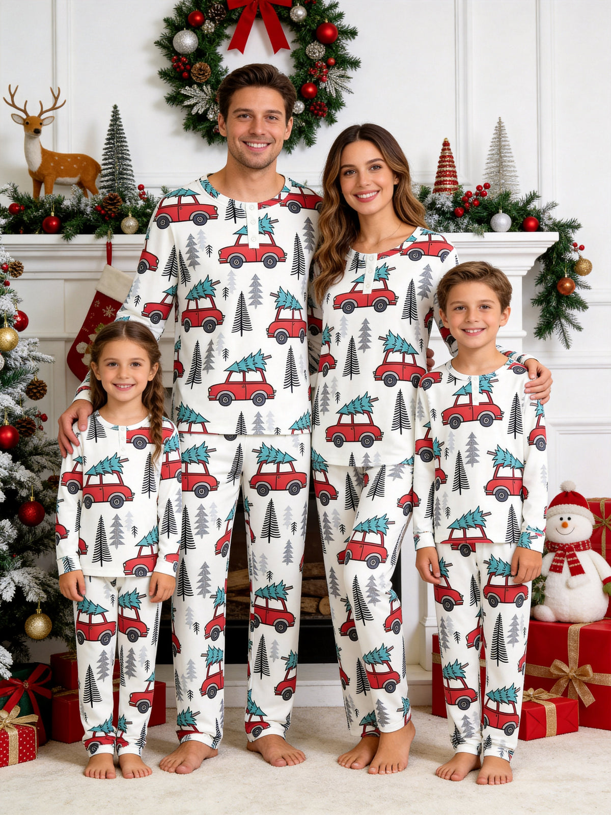 Vintage Red Christmas Cars Carrying Pines Print 3-Button Henley Couple Matching Holiday PJs