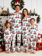 Vintage Red Christmas Cars Carrying Pines Print 3-Button Henley Family Matching Holiday PJs