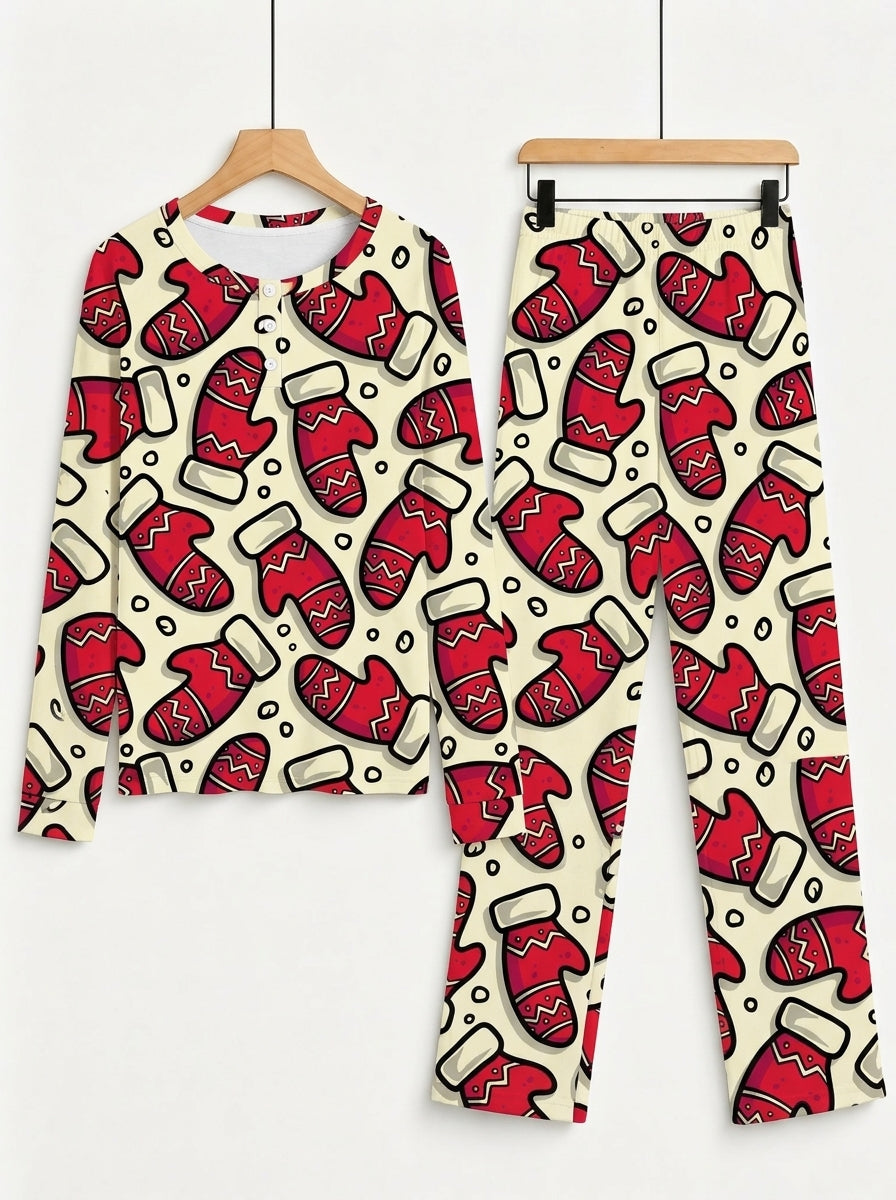 Festive Red Mitten Print Long Sleeve 3-Button Henley Matching Couple Pajamas