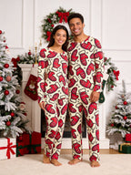Festive Red Mitten Print Long Sleeve 3-Button Henley Matching Couple Pajamas