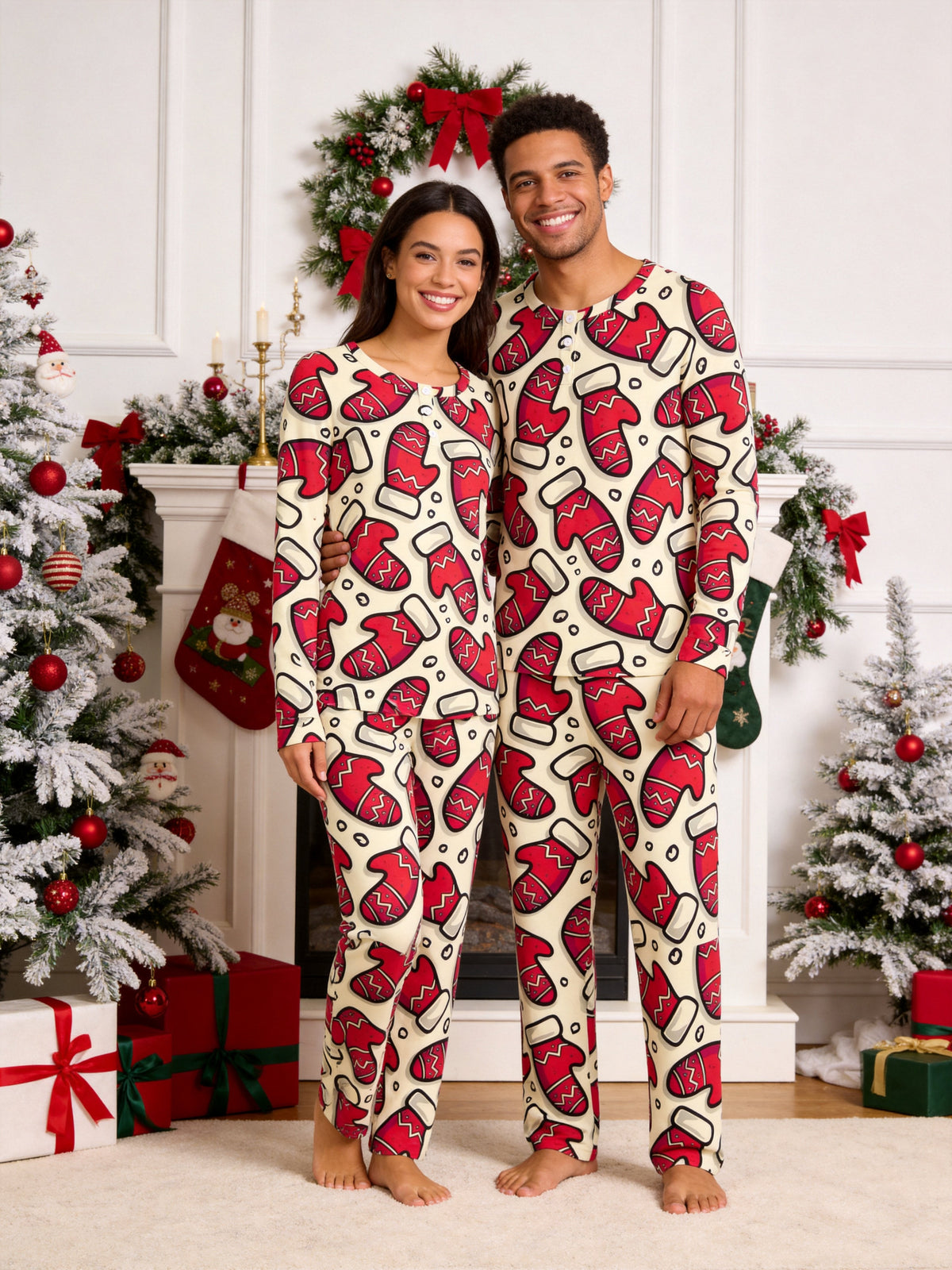Festive Red Mitten Print Long Sleeve 3-Button Henley Matching Family Pajamas