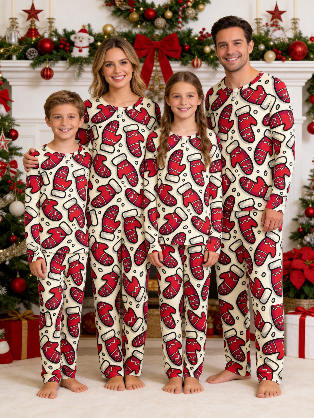 Festive Red Mitten Print Long Sleeve 3-Button Henley Matching Family Pajamas