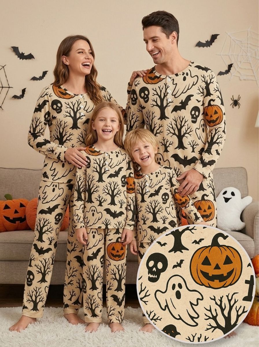 Spooky Halloween Skull & Bat Two-Piece Henley Neck Holiday Family PJs Set