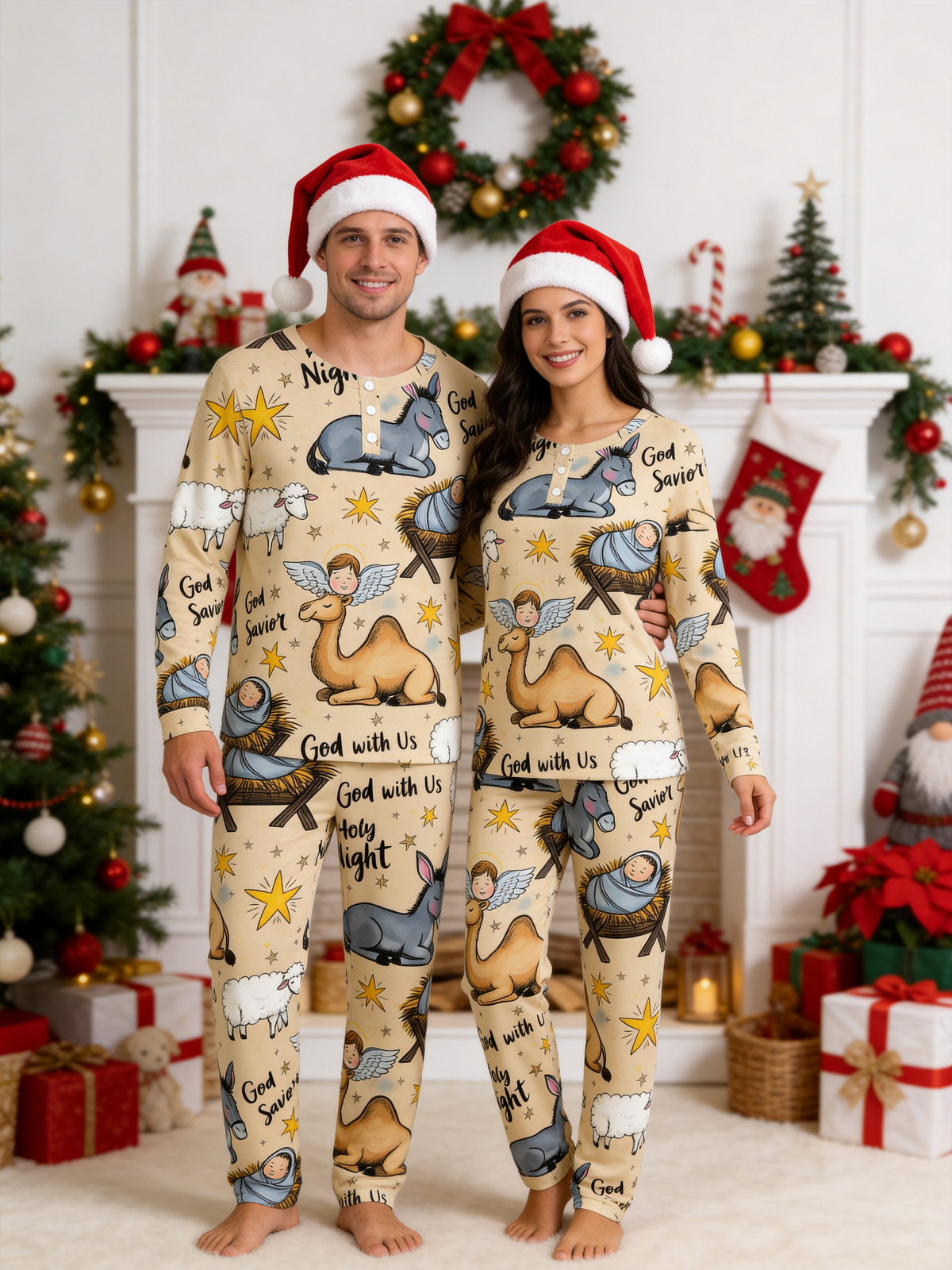 Cute Nativity Scene Baby Jesus & Camel Two-Piece Henley Neck Christmas Couple Pajamas