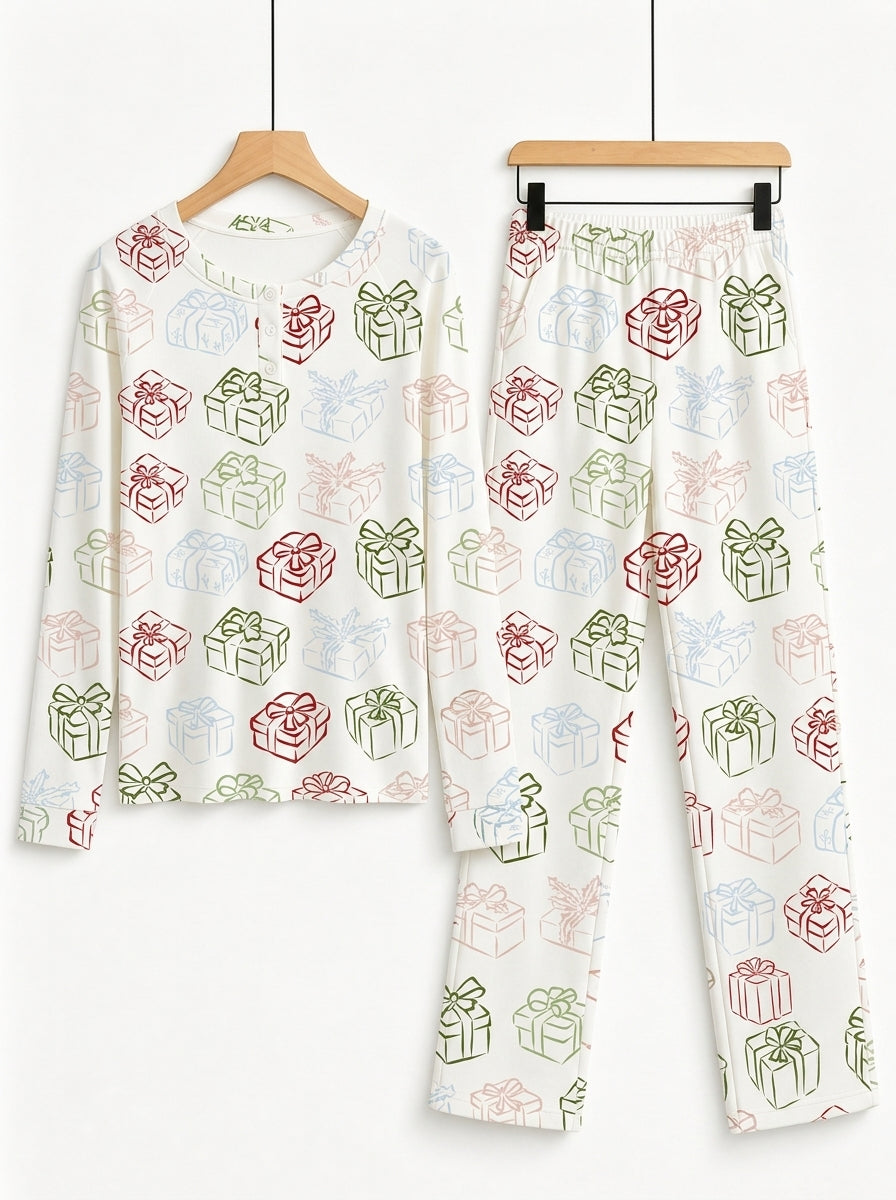 Pastel Christmas Gift Boxes and Ribbons Print 3-Button Henley Family Matching Sleepwear