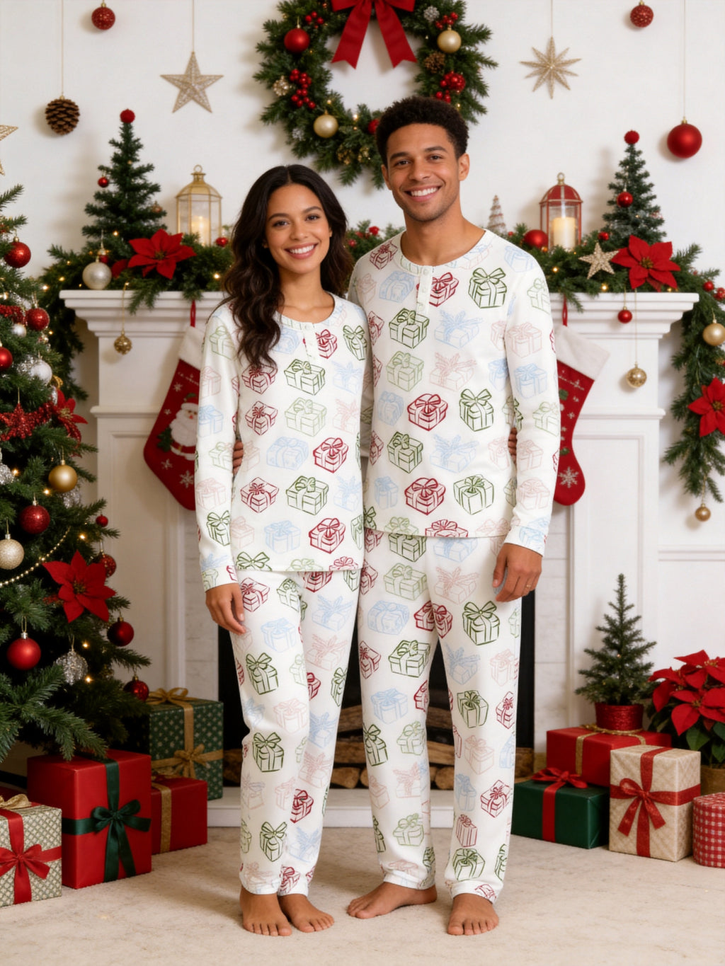 Pastel Christmas Gift Boxes and Ribbons Print 3-Button Henley Family Matching Sleepwear
