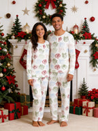 Pastel Christmas Gift Boxes and Ribbons Print 3-Button Henley Family Matching Sleepwear