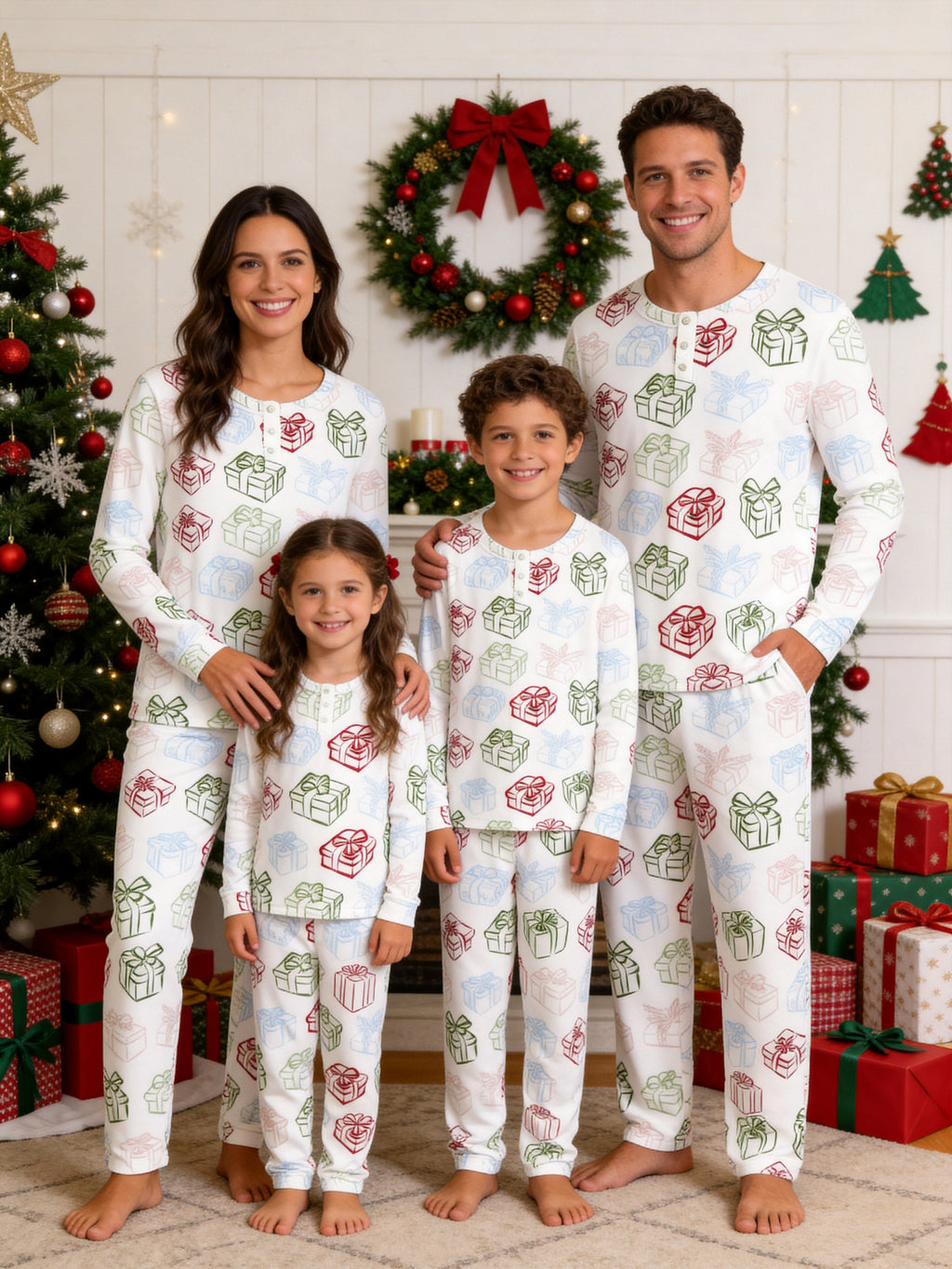 Pastel Christmas Gift Boxes and Ribbons Print 3-Button Henley Couple Matching Sleepwear